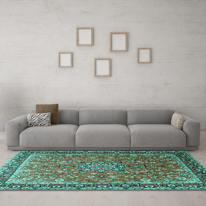 Machine Washable Persian Turquoise Traditional Area Rugs in a Living Room,, wshtr1659turq