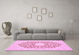 Machine Washable Medallion Pink Traditional Rug in a Living Room, wshtr165pnk