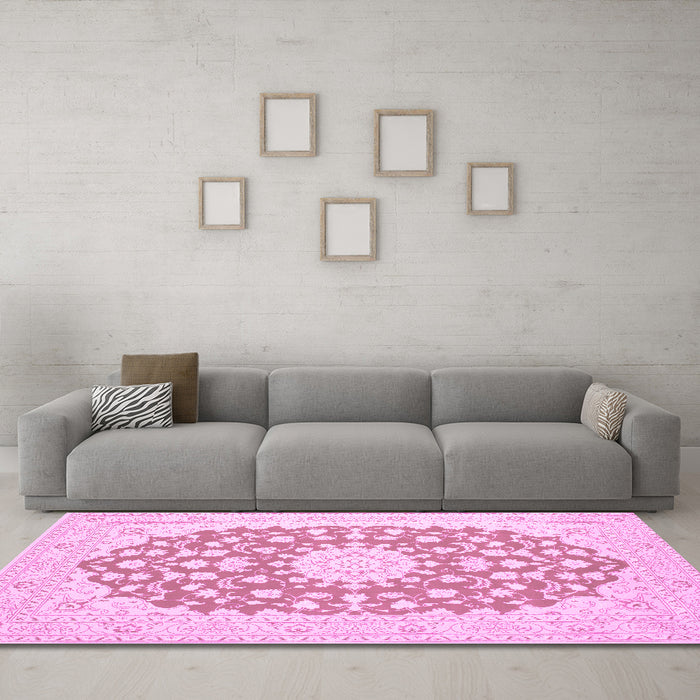 Machine Washable Medallion Pink Traditional Rug in a Living Room, wshtr165pnk
