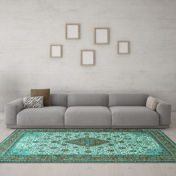 Machine Washable Medallion Turquoise Traditional Area Rugs in a Living Room,, wshtr1660turq