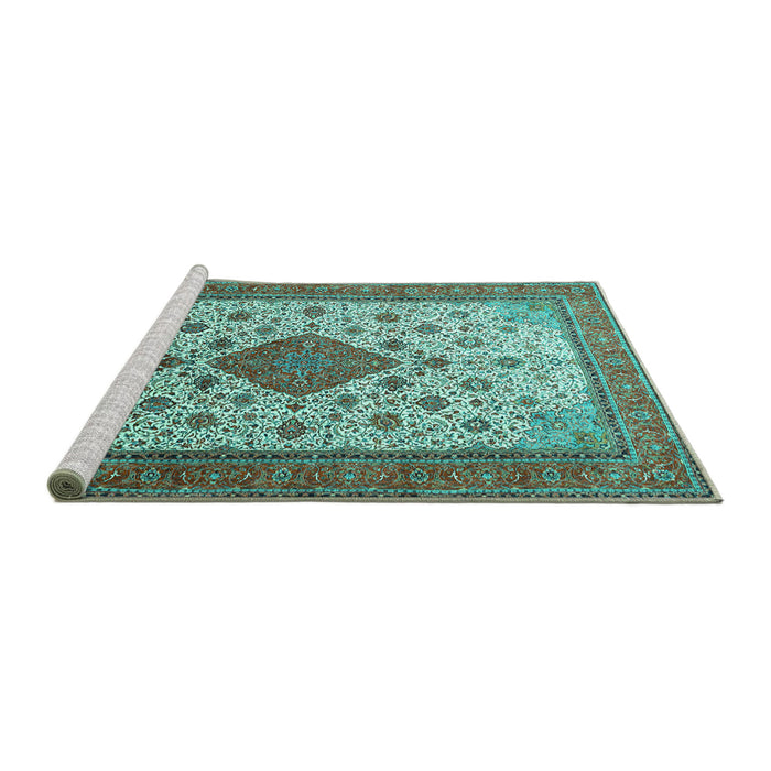 Sideview of Machine Washable Medallion Turquoise Traditional Area Rugs, wshtr1660turq