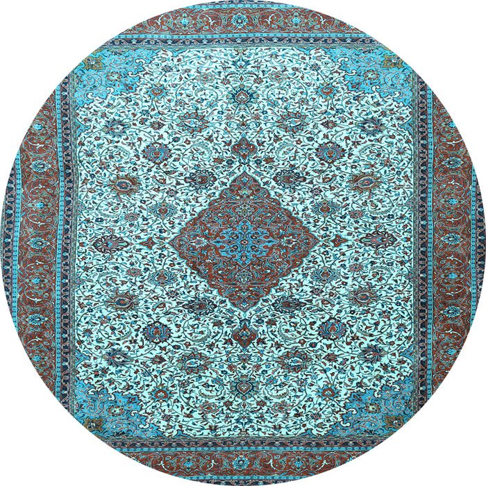 Round Machine Washable Medallion Light Blue Traditional Rug, wshtr1660lblu