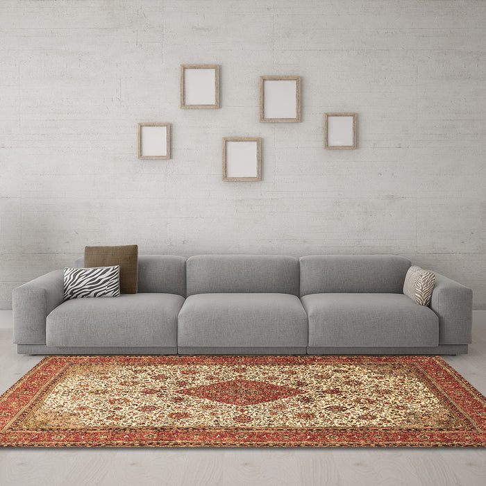 Machine Washable Medallion Brown Traditional Rug in a Living Room,, wshtr1660brn