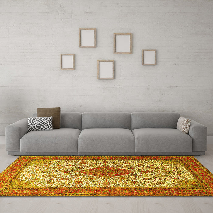 Machine Washable Medallion Yellow Traditional Rug in a Living Room, wshtr1660yw
