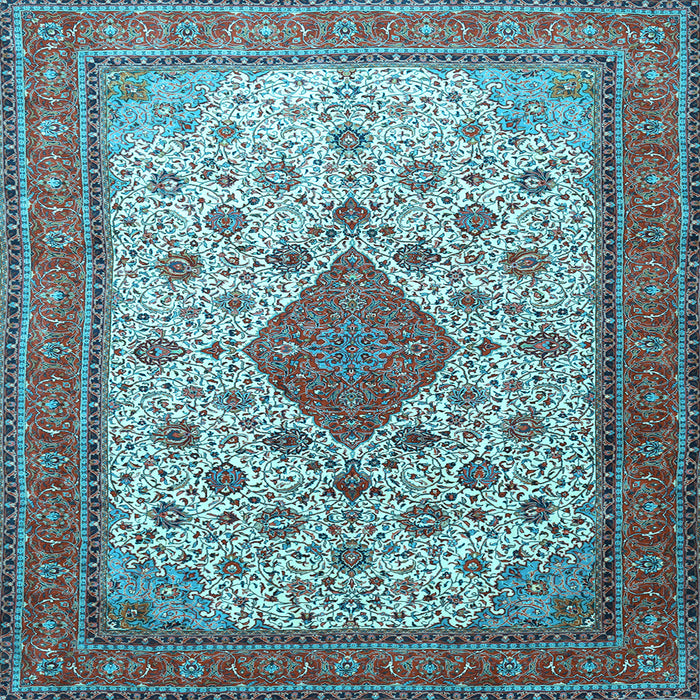 Square Machine Washable Medallion Light Blue Traditional Rug, wshtr1660lblu
