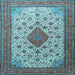 Square Machine Washable Medallion Light Blue Traditional Rug, wshtr1660lblu