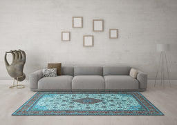 Machine Washable Medallion Light Blue Traditional Rug in a Living Room, wshtr1660lblu