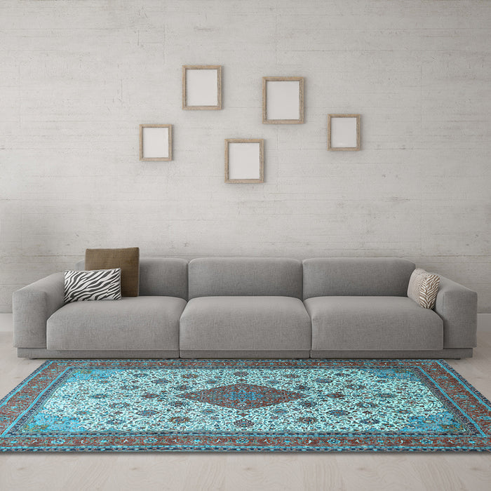 Machine Washable Medallion Light Blue Traditional Rug in a Living Room, wshtr1660lblu