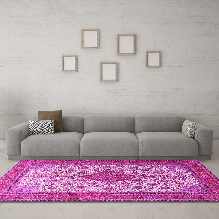 Machine Washable Medallion Pink Traditional Rug in a Living Room, wshtr1660pnk