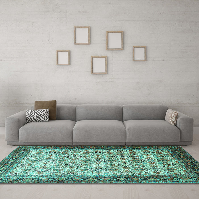 Machine Washable Persian Turquoise Traditional Area Rugs in a Living Room,, wshtr1662turq