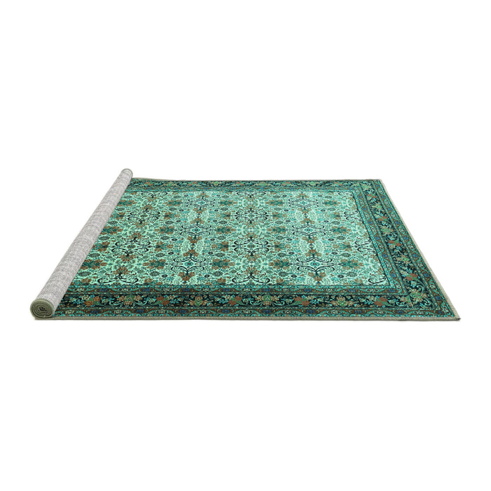 Sideview of Machine Washable Persian Turquoise Traditional Area Rugs, wshtr1662turq