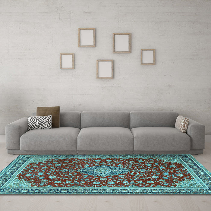 Machine Washable Medallion Light Blue Traditional Rug in a Living Room, wshtr1663lblu
