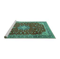 Sideview of Machine Washable Medallion Turquoise Traditional Area Rugs, wshtr1663turq