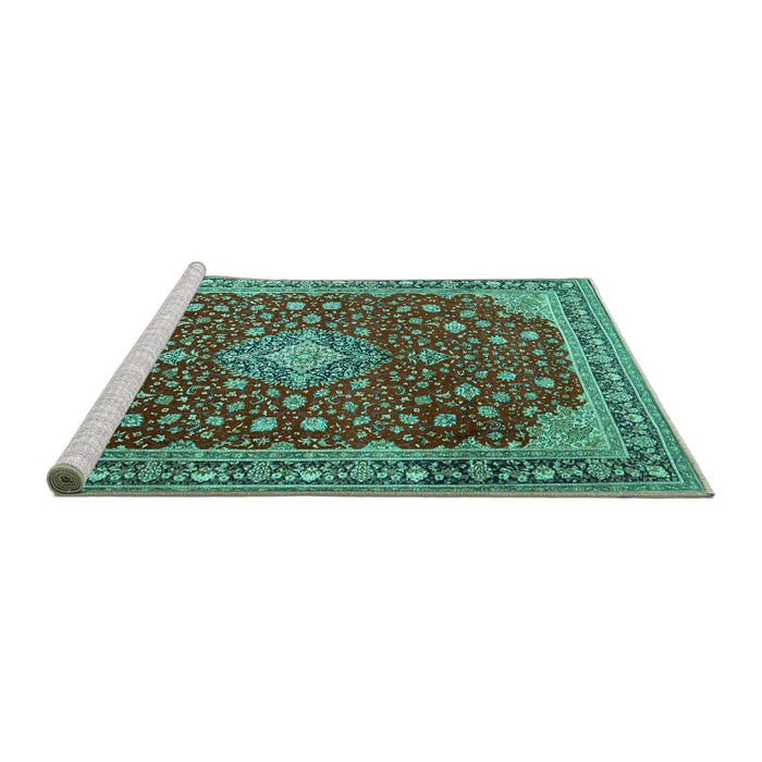 Sideview of Machine Washable Medallion Turquoise Traditional Area Rugs, wshtr1663turq