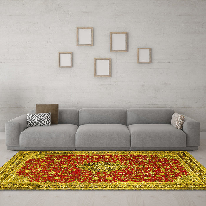 Machine Washable Medallion Yellow Traditional Rug in a Living Room, wshtr1663yw