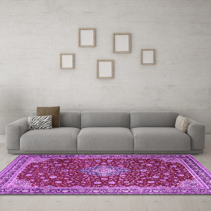 Machine Washable Medallion Purple Traditional Area Rugs in a Living Room, wshtr1663pur