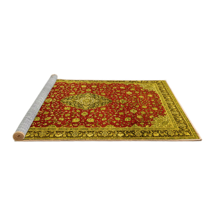 Sideview of Machine Washable Medallion Yellow Traditional Rug, wshtr1663yw