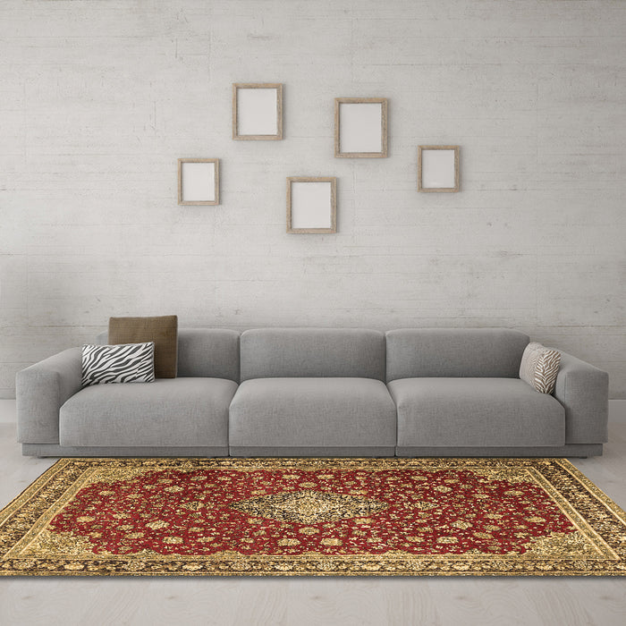 Machine Washable Medallion Brown Traditional Rug in a Living Room,, wshtr1663brn