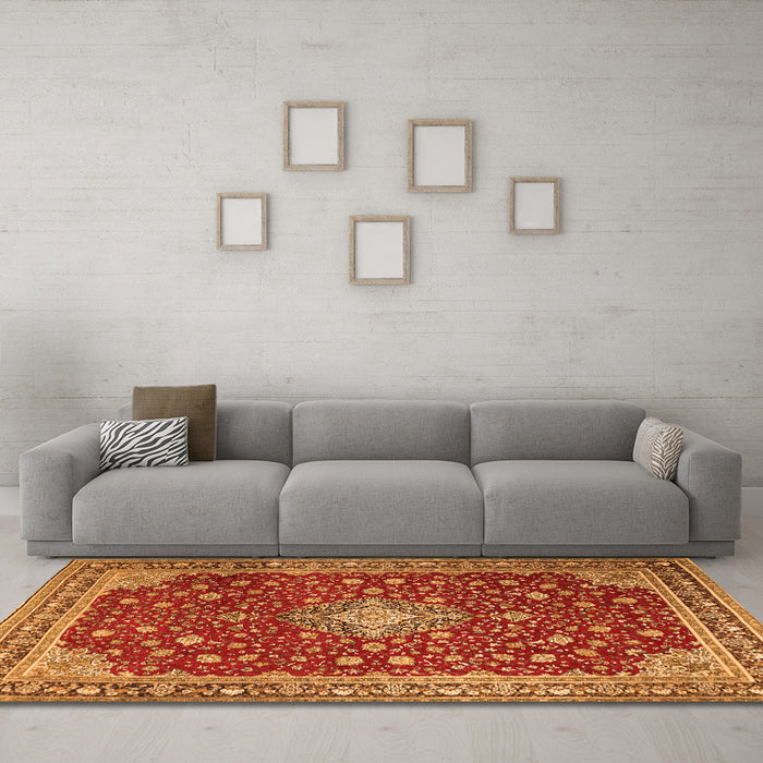 Machine Washable Medallion Orange Traditional Area Rugs in a Living Room, wshtr1663org