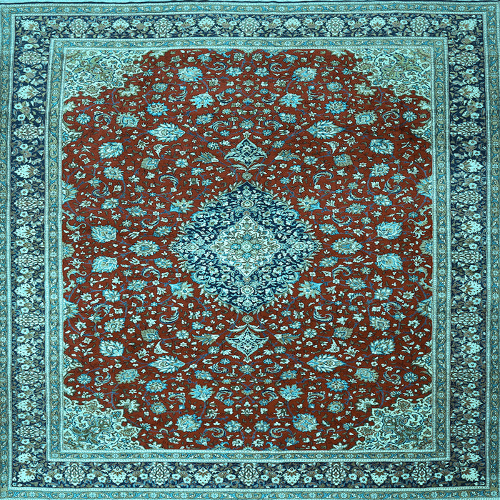 Square Machine Washable Medallion Light Blue Traditional Rug, wshtr1663lblu