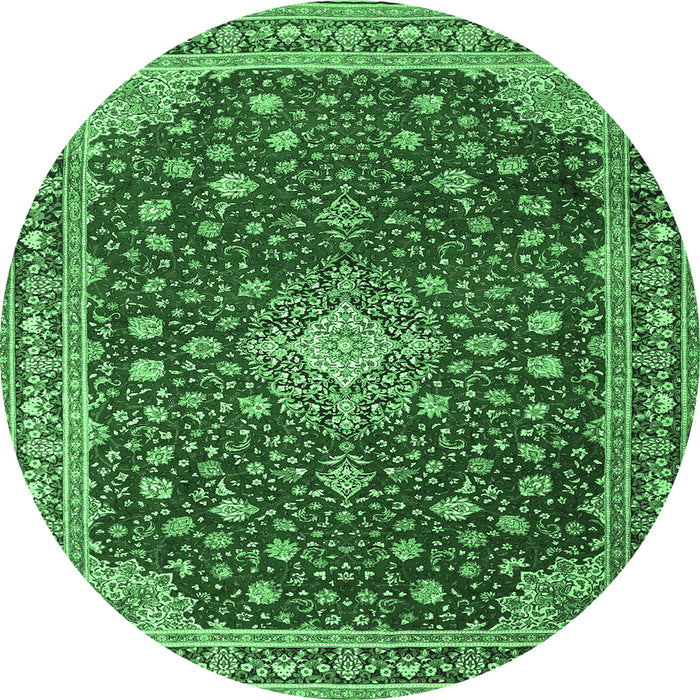 Round Machine Washable Medallion Emerald Green Traditional Area Rugs, wshtr1663emgrn