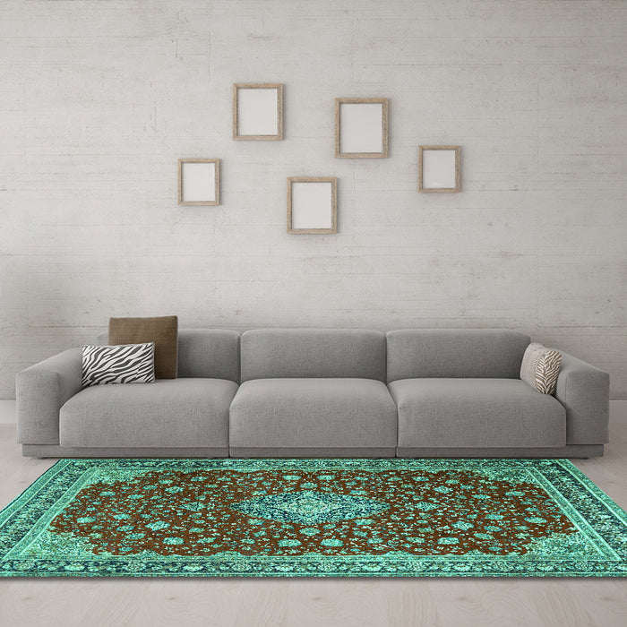Machine Washable Medallion Turquoise Traditional Area Rugs in a Living Room,, wshtr1663turq