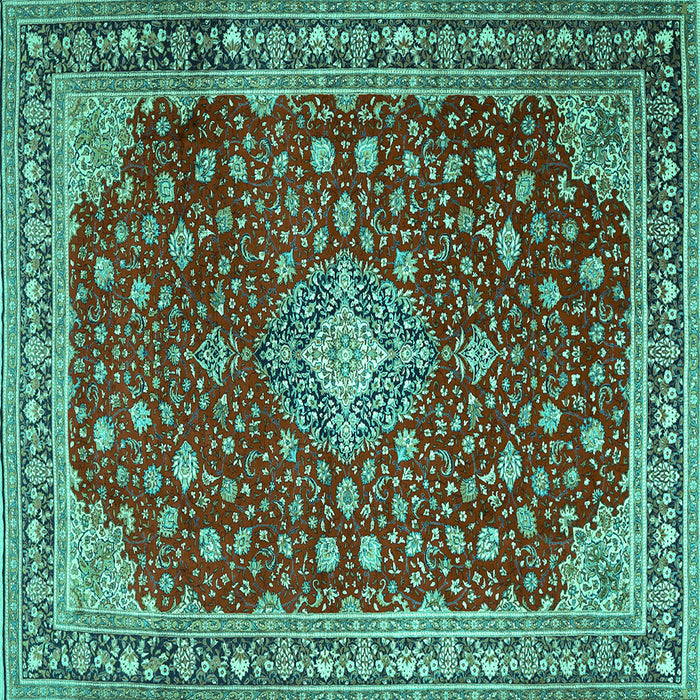 Square Machine Washable Medallion Turquoise Traditional Area Rugs, wshtr1663turq