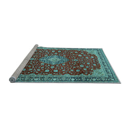Sideview of Machine Washable Medallion Light Blue Traditional Rug, wshtr1663lblu