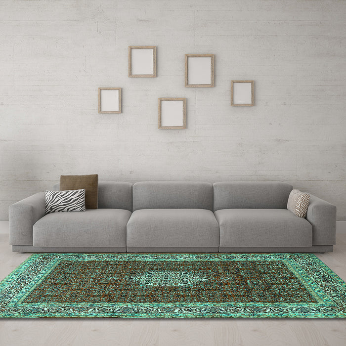 Machine Washable Persian Turquoise Traditional Area Rugs in a Living Room,, wshtr1665turq