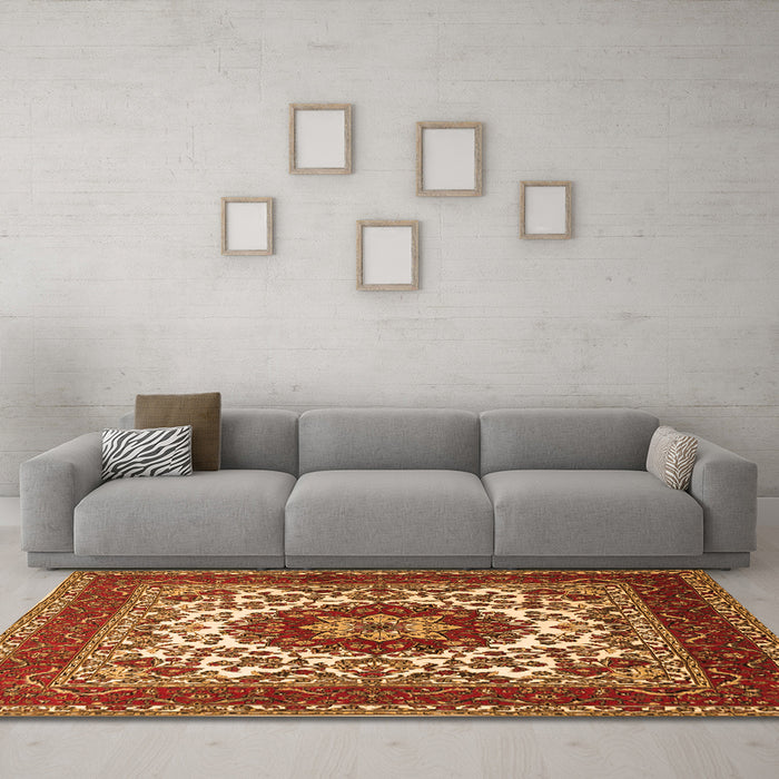Machine Washable Medallion Orange Traditional Area Rugs in a Living Room, wshtr1666org