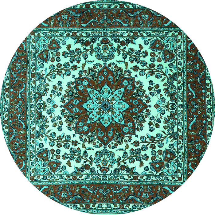 Round Machine Washable Medallion Turquoise Traditional Area Rugs, wshtr1666turq