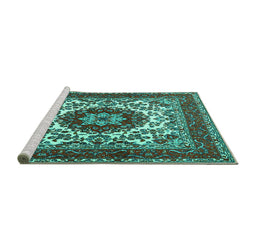 Sideview of Machine Washable Medallion Turquoise Traditional Area Rugs, wshtr1666turq