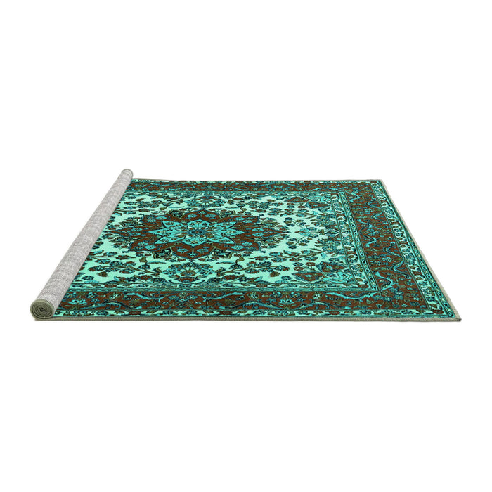 Sideview of Machine Washable Medallion Turquoise Traditional Area Rugs, wshtr1666turq