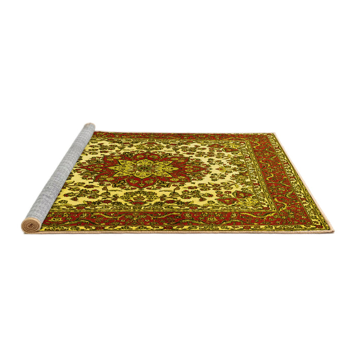 Sideview of Machine Washable Medallion Yellow Traditional Rug, wshtr1666yw