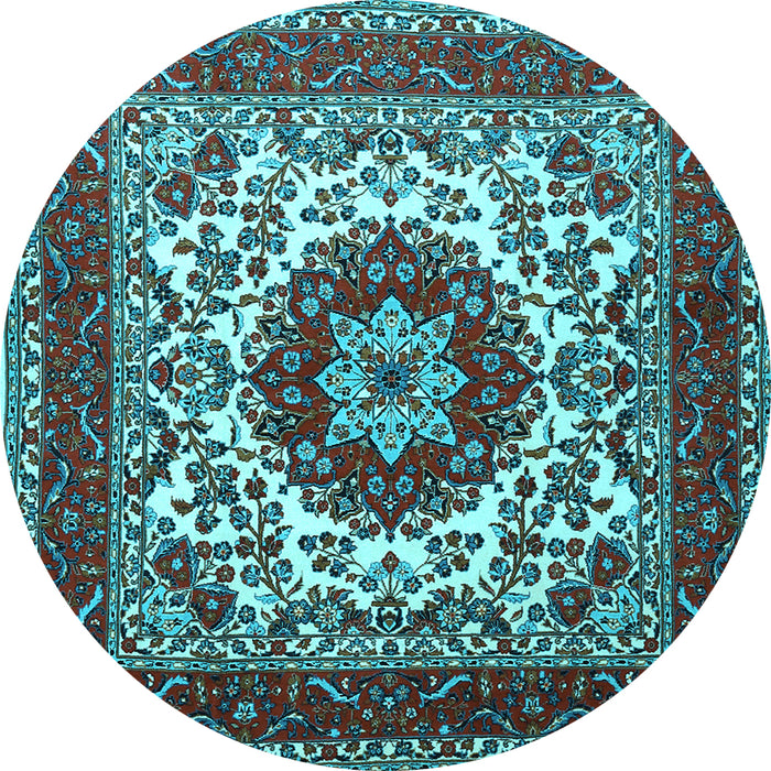 Round Machine Washable Medallion Light Blue Traditional Rug, wshtr1666lblu