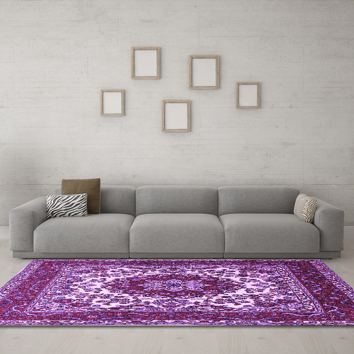 Machine Washable Medallion Purple Traditional Area Rugs in a Living Room, wshtr1666pur
