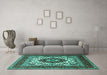 Machine Washable Medallion Turquoise Traditional Area Rugs in a Living Room,, wshtr1666turq