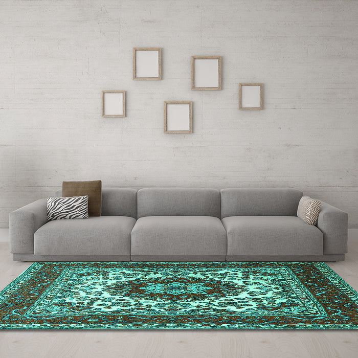 Machine Washable Medallion Turquoise Traditional Area Rugs in a Living Room,, wshtr1666turq