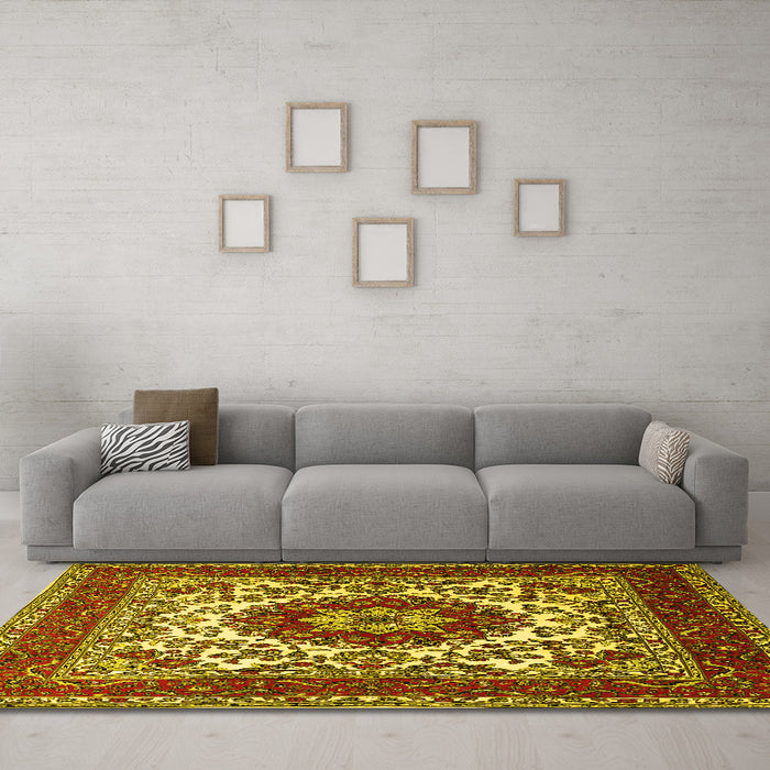 Machine Washable Medallion Yellow Traditional Rug in a Living Room, wshtr1666yw