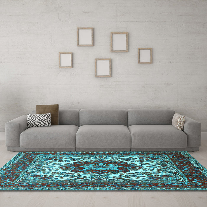 Machine Washable Medallion Light Blue Traditional Rug in a Living Room, wshtr1666lblu