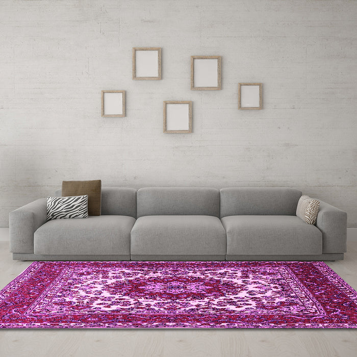 Machine Washable Medallion Pink Traditional Rug in a Living Room, wshtr1666pnk