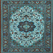 Square Machine Washable Medallion Light Blue Traditional Rug, wshtr1667lblu