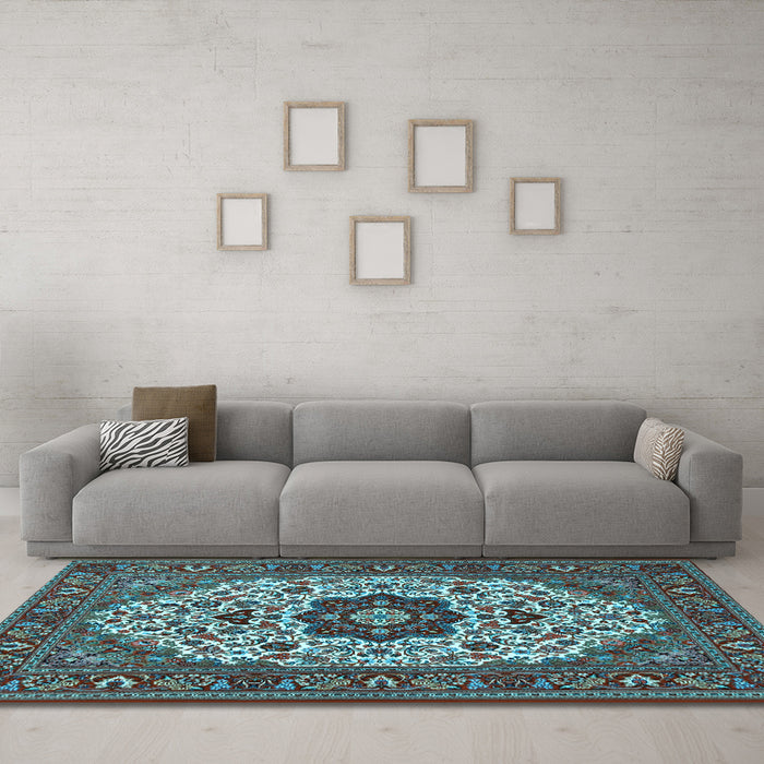 Machine Washable Medallion Light Blue Traditional Rug in a Living Room, wshtr1667lblu