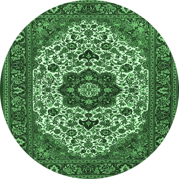 Round Machine Washable Medallion Emerald Green Traditional Area Rugs, wshtr1667emgrn