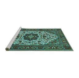 Sideview of Machine Washable Medallion Turquoise Traditional Area Rugs, wshtr1667turq