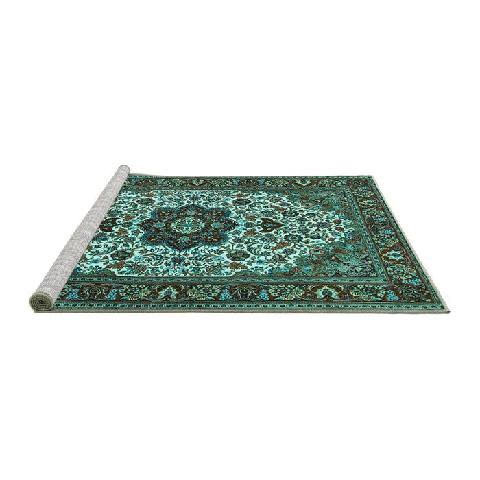 Sideview of Machine Washable Medallion Turquoise Traditional Area Rugs, wshtr1667turq