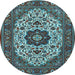 Round Machine Washable Medallion Light Blue Traditional Rug, wshtr1667lblu