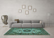 Machine Washable Medallion Turquoise Traditional Area Rugs in a Living Room,, wshtr1667turq