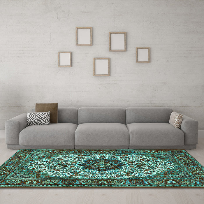 Machine Washable Medallion Turquoise Traditional Area Rugs in a Living Room,, wshtr1667turq