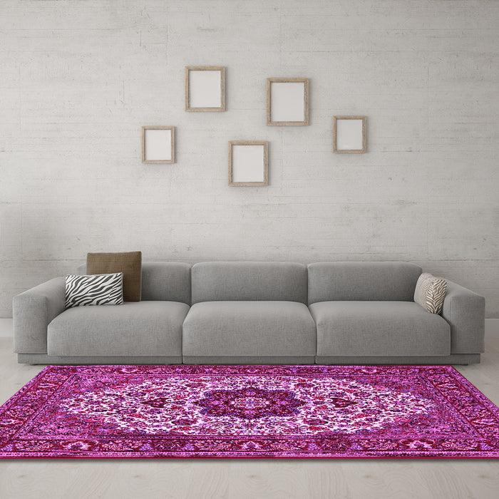 Machine Washable Medallion Pink Traditional Rug in a Living Room, wshtr1667pnk